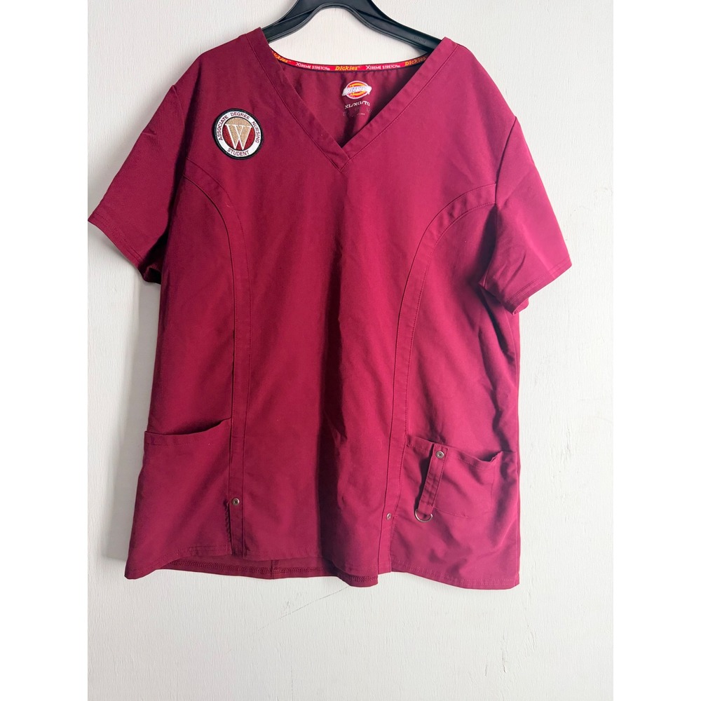 Dickies Xtreme Stretch Nursing Scrub Top XL Wine Burgundy V-Neck Student Patch